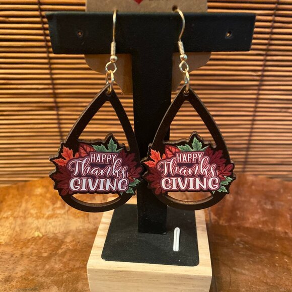 NWT Happy Thanksgiving Wooden Cut out Dangle Earrings - Picture 1 of 2